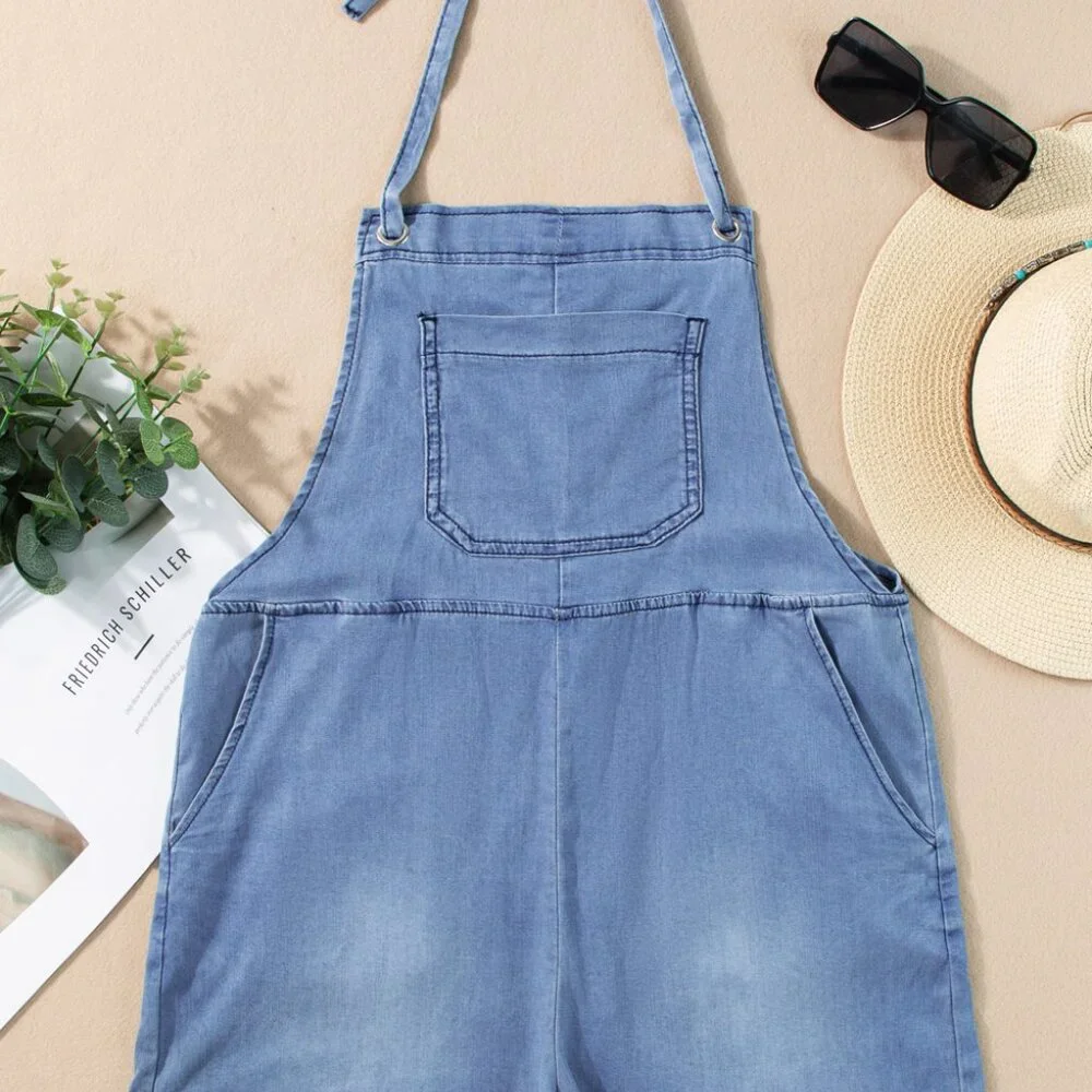 B239 Light Blue Grommet Tie Straps Casual Denim Romper - Picture 13 of 16